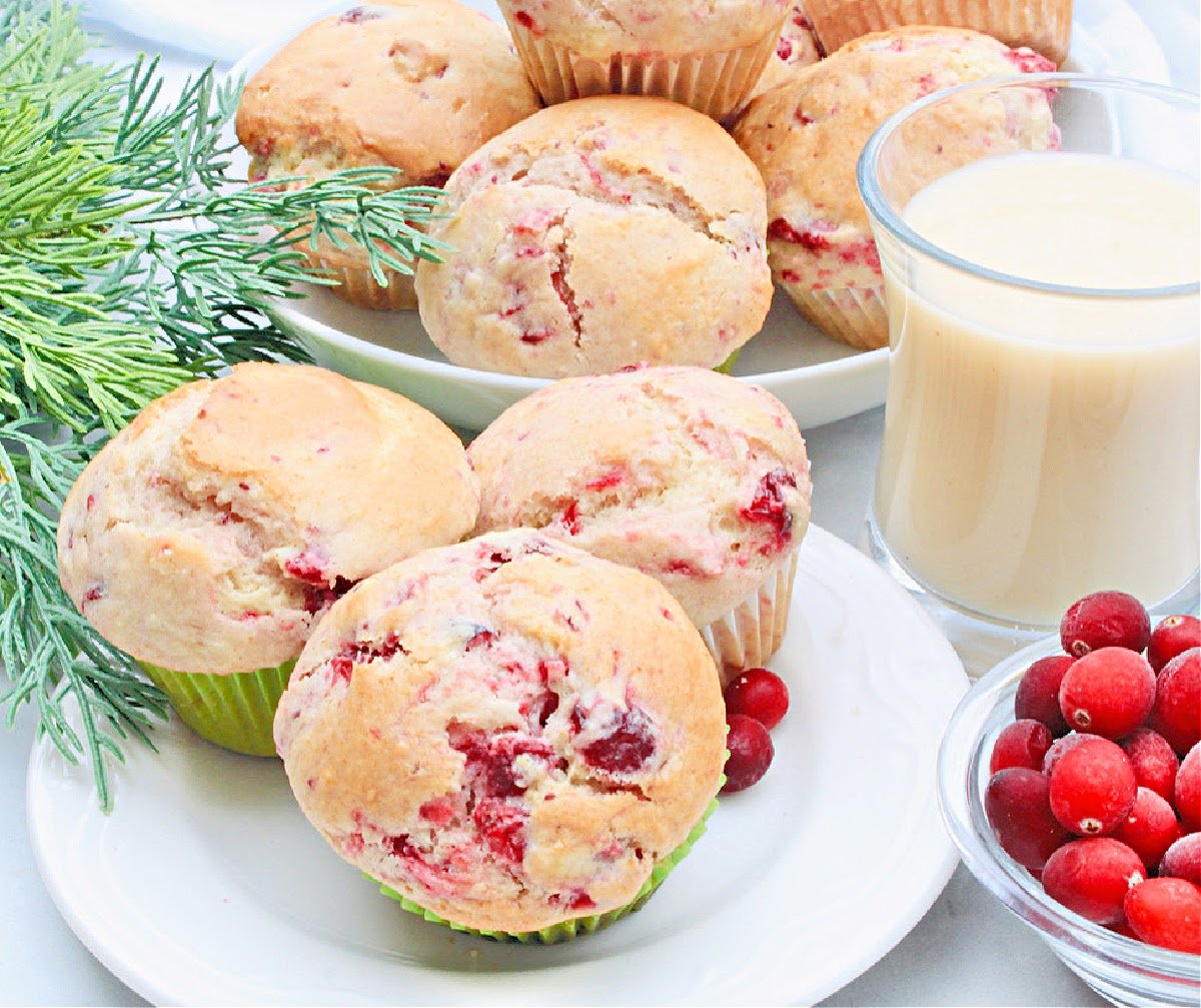 Cranberry Eggnog Muffins! Simple and sweet muffins with dairy-free eggnog and whole berry cranberry sauce. Perfect for the holiday season!