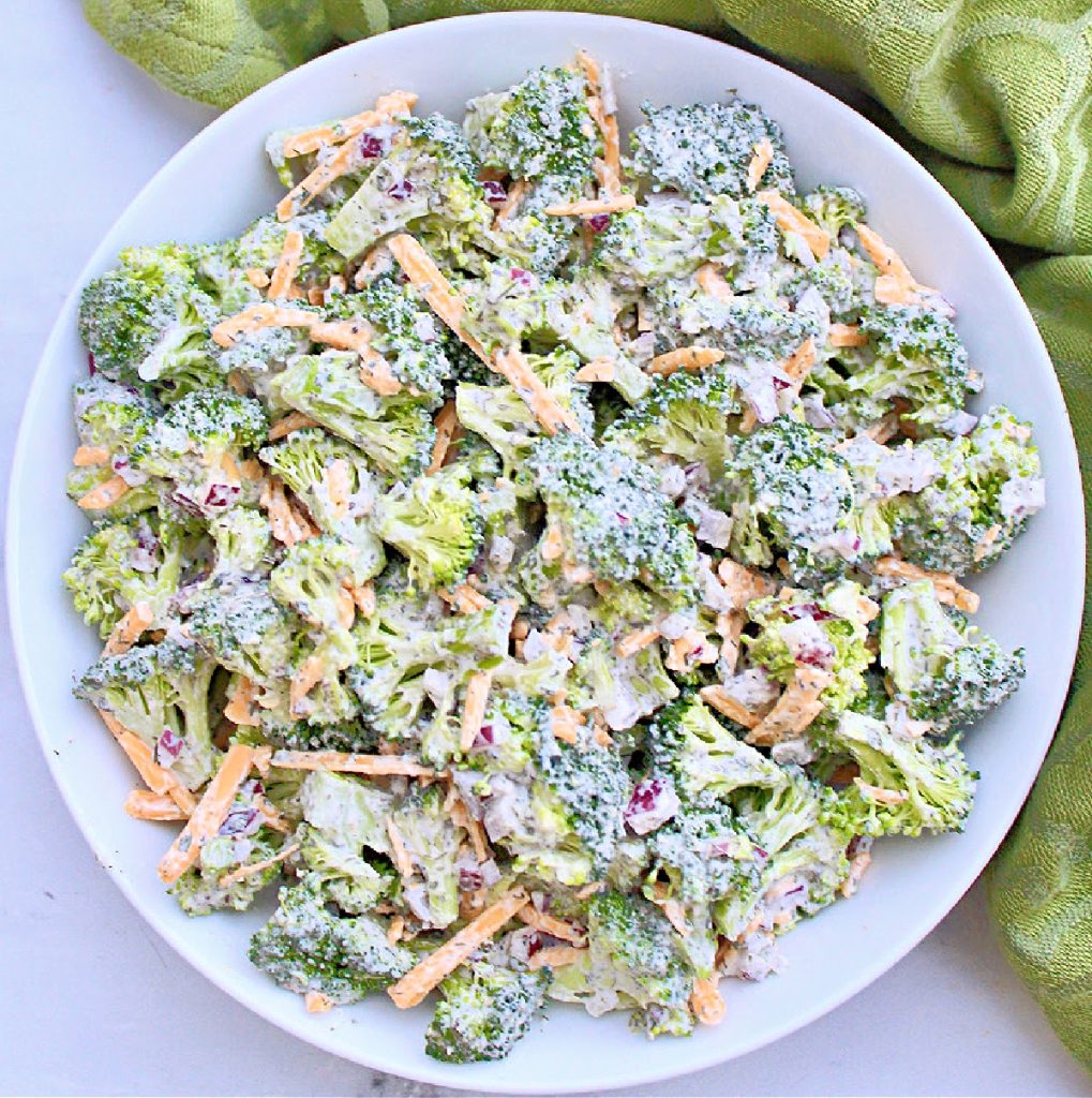 Broccoli Salad ~ A creamy and crunchy, simple and classic, broccoli salad with homemade dairy-free ranch dressing. Minimal prep and no cooking required!