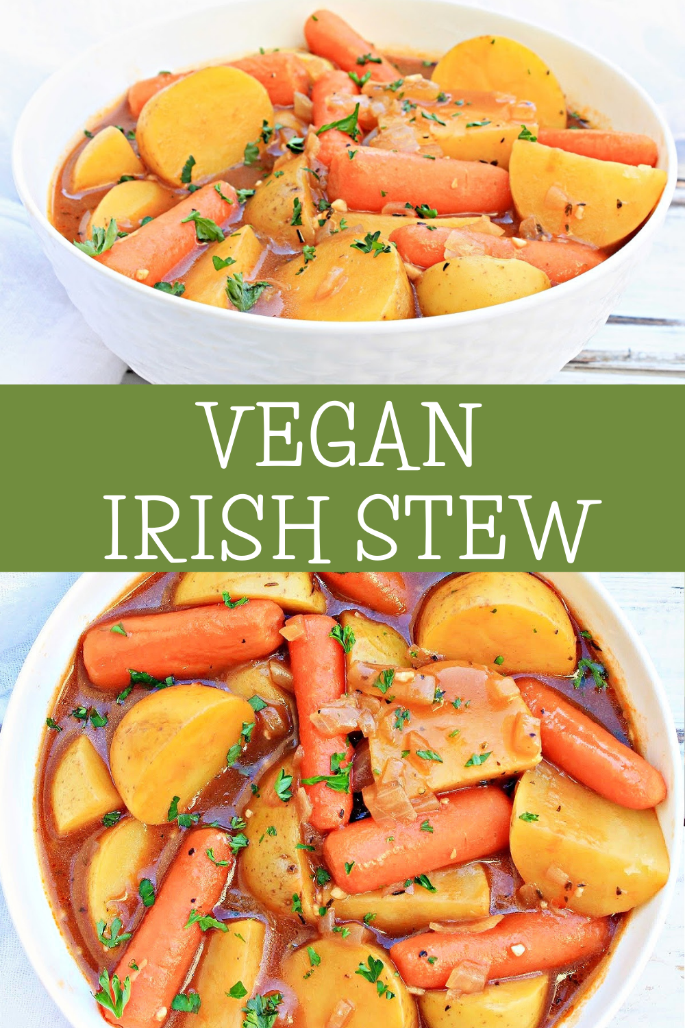 Irish Stew ~ A plant-based Irish stew made with simple seasonings, onions, carrots, and potatoes simmered in a savory Guinness beer broth.  via @thiswifecooks