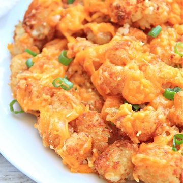 Cheesy Tater Tots ~ Crispy tater tots smothered in shredded cheddar cheese and topped with scallions. The perfect late-night snack indulgence!