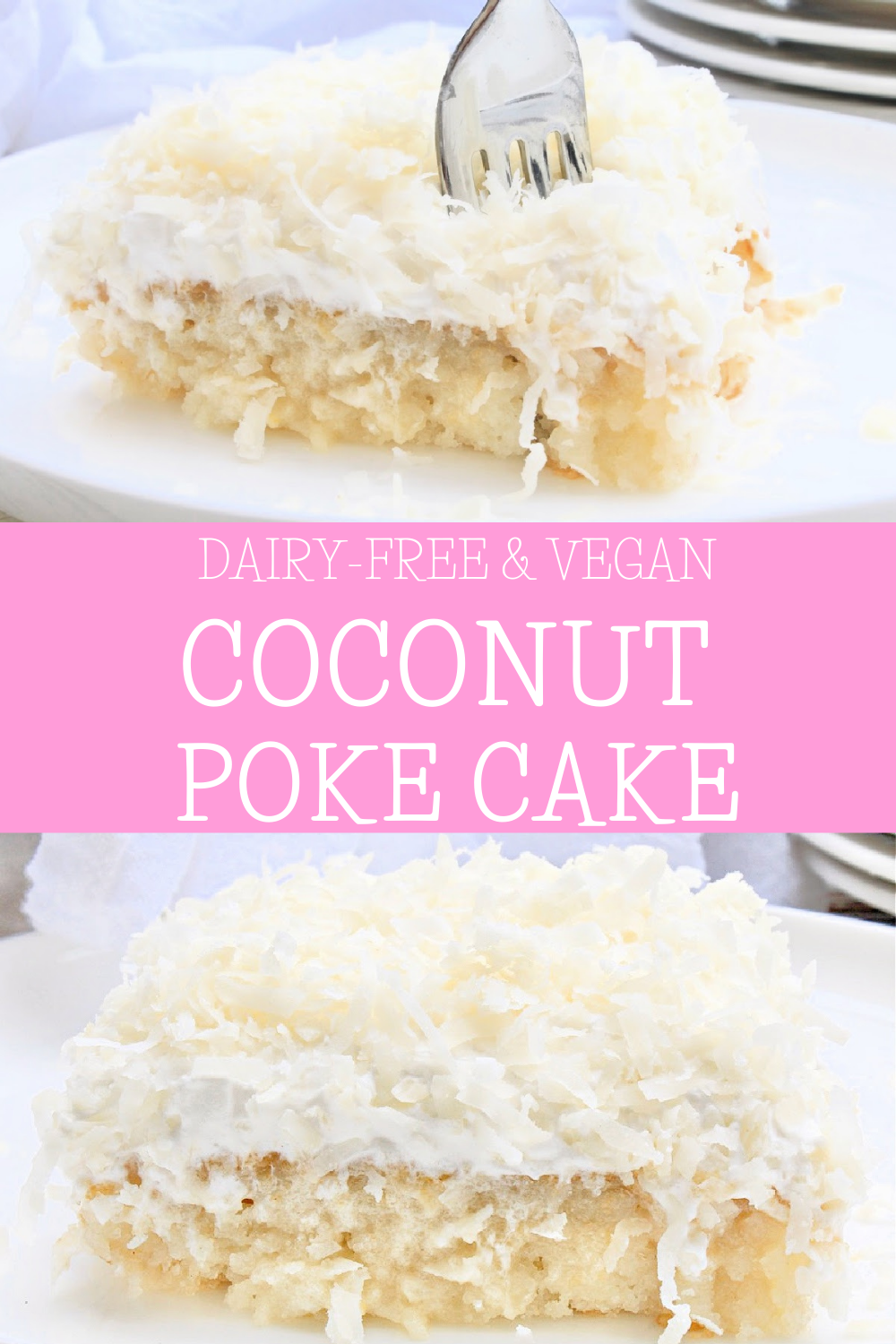 Vegan Coconut Poke Cake ~ Classic white cake infused with tropical coconut flavor then topped with coconut whipped cream and shredded coconut. Perfect for summer entertaining! via @thiswifecooks