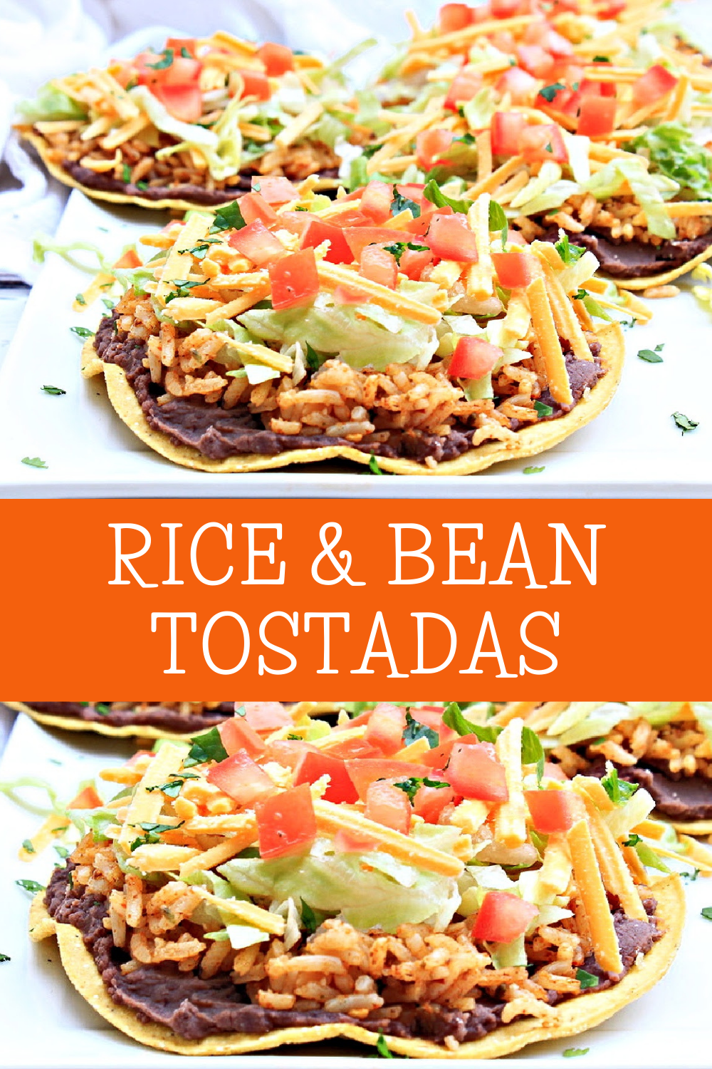 Rice and Bean Tostadas ~ Layers of Tex-Mex toppings on crisp tortilla shells. Kids and adults love this easy and simple handheld dinner! via @thiswifecooks