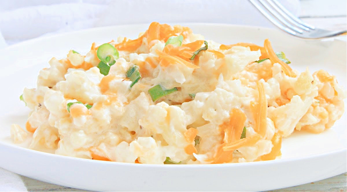 Mashed Cauliflower Casserole ~ Cauliflower smashed to a chunky consistency and then baked in creamy, dairy-free cheese sauce for an easy and flavorful side dish. Perfect for holidays or everyday dinners!