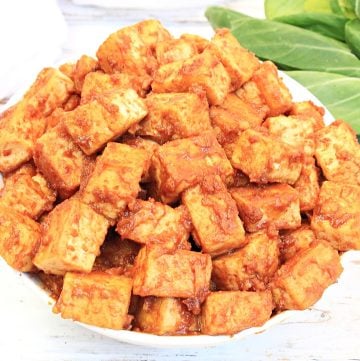 Pan-fried tofu tossed in a simple and savory 5-ingredient almond butter sauce.