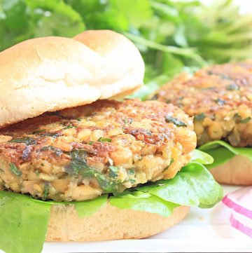 Chickpea Burgers ~ These vegan veggie burgers are quick and easy to make with simple ingredients. Ready to serve in 20 minutes!