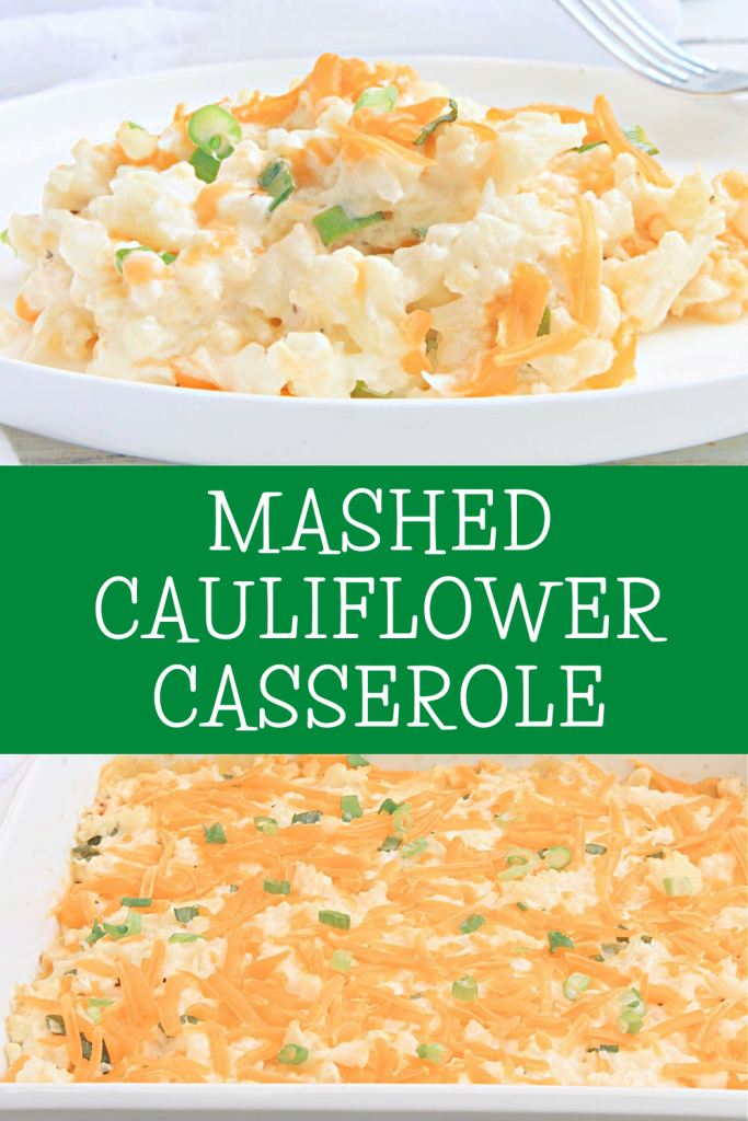 Mashed Cauliflower Casserole ~ Cauliflower smashed to a chunky consistency and then baked in creamy, dairy-free cheese sauce for an easy and flavorful side dish. Perfect for holidays or everyday dinners!