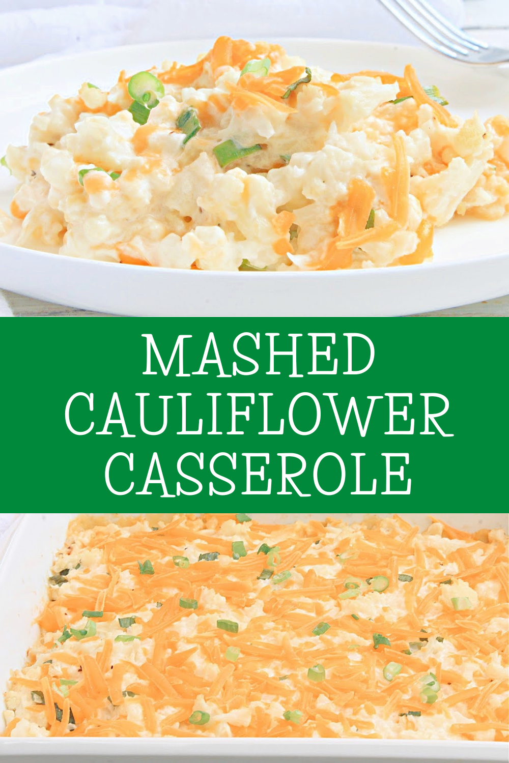 Mashed Cauliflower Casserole ~ Cauliflower smashed to a chunky consistency and then baked in creamy, dairy-free cheese sauce for an easy and flavorful side dish. Perfect for holidays or everyday dinners! via @thiswifecooks