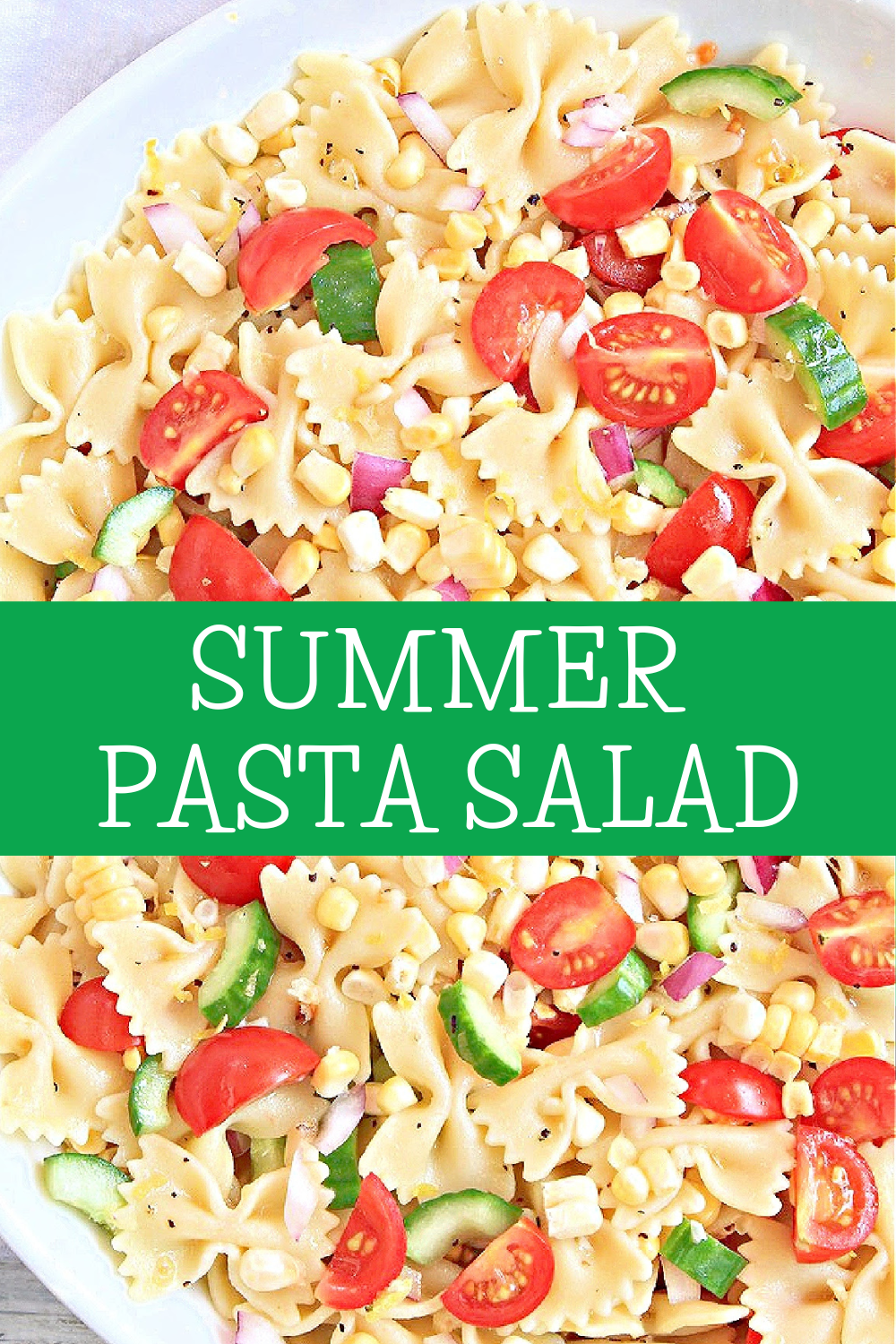Summer Pasta Salad ~ Fresh from the garden vegetables tossed with farfalle pasta and tangy homemade lemon dressing. Perfect for all your summertime potlucks and cookouts!  via @thiswifecooks