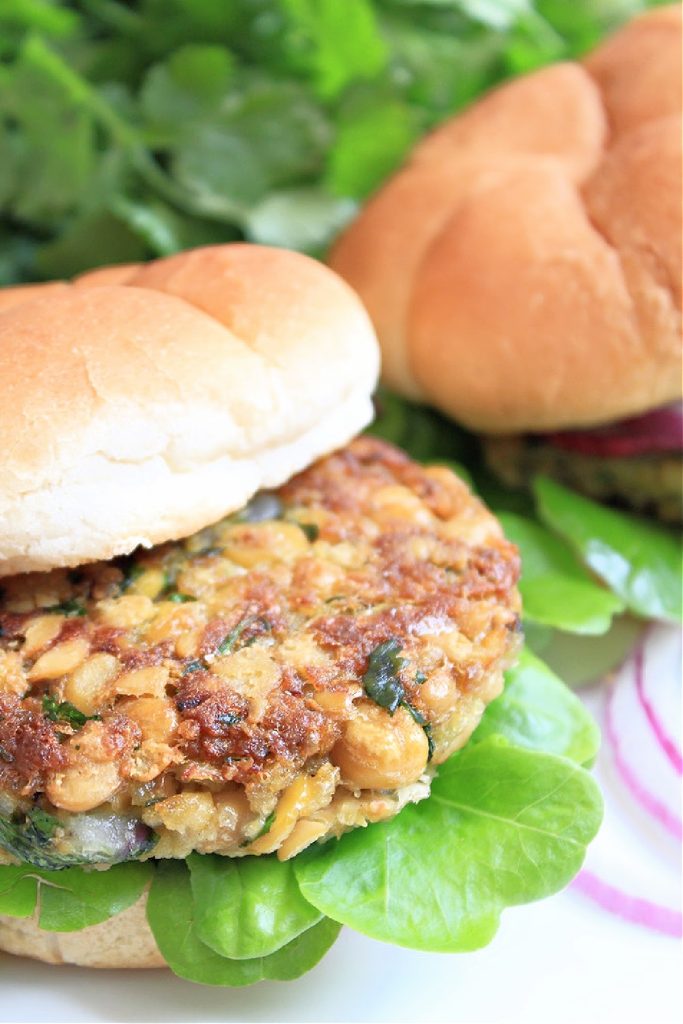 Chickpea Burgers ~ These vegan veggie burgers are quick and easy to make with simple ingredients. Ready to serve in 20 minutes!