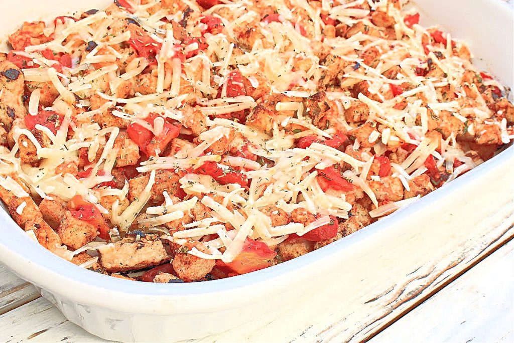 Vegan Bruschetta Chicken Bake ~ A simple and savory casserole classic made with all plant-based ingredients!