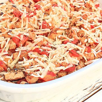 Vegan Bruschetta Chicken Bake ~ A simple and savory casserole classic made with all plant-based ingredients!