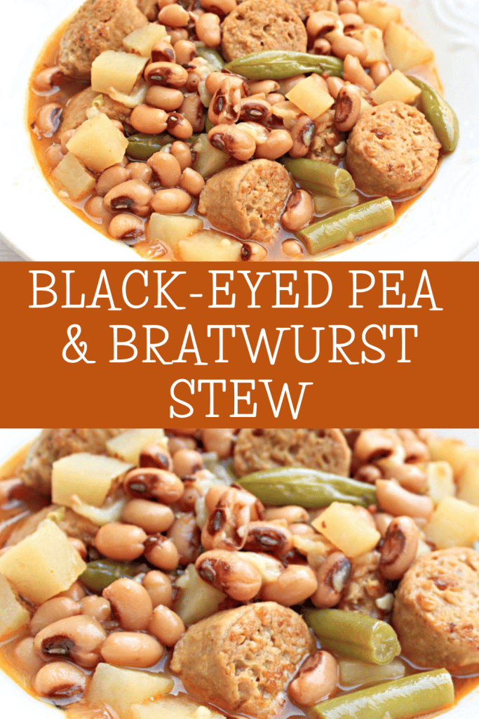 Vegan Black-Eyed Pea and Bratwurst Stew ~ Easy to make with plant-based ingredients and perfect for Oktoberfest, game days, and all your fall celebrations!