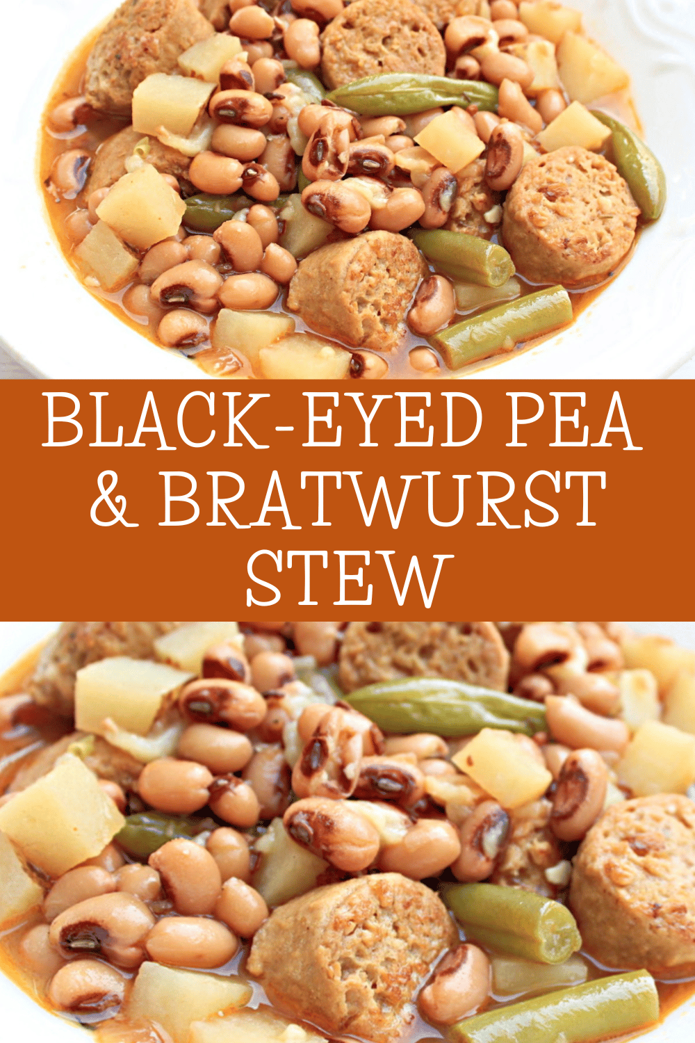Vegan Black-Eyed Pea and Bratwurst Stew ~ Easy to make with plant-based ingredients and perfect for Oktoberfest, game days, and all your fall celebrations! via @thiswifecooks