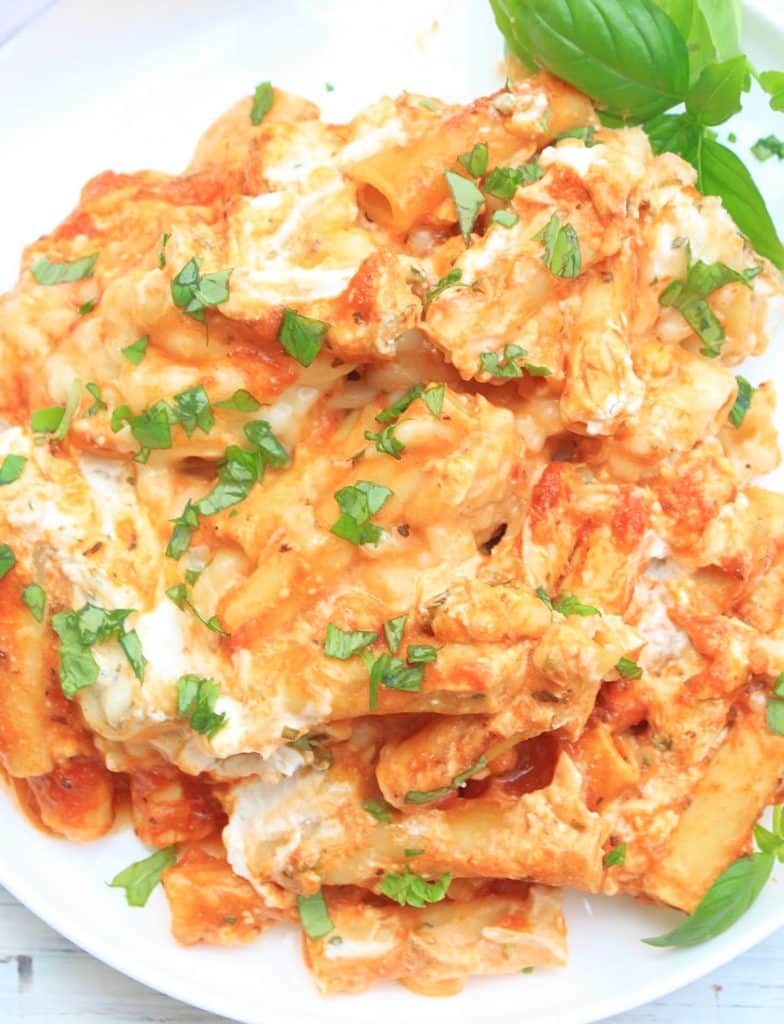 Slow Cooker Baked Ziti ~ Creamy, cheesy, and delicious! This one-pot comfort food classic is easy to make with simple ingredients.