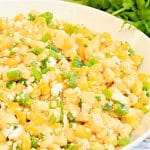 Mexican Corn Salad ~ Sweet corn tossed with a creamy lime dressing, cilantro, scallions, jalapeno, and dairy-free cheese.