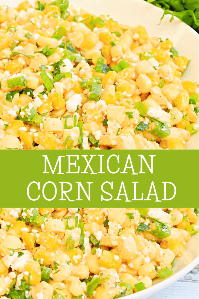 Mexican Corn Salad ~ Sweet corn tossed with a creamy lime dressing, cilantro, scallions, jalapeno, and dairy-free cheese.