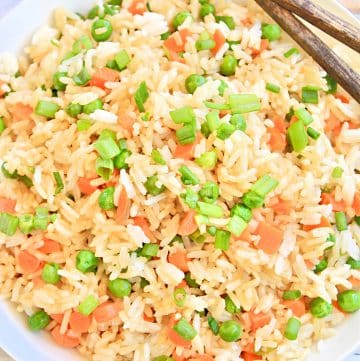 Vegetable Fried Rice ~ No eggs! ~ This savory Hibachi-style fried rice comes together in minutes and at a fraction of the cost of ordering takeout!