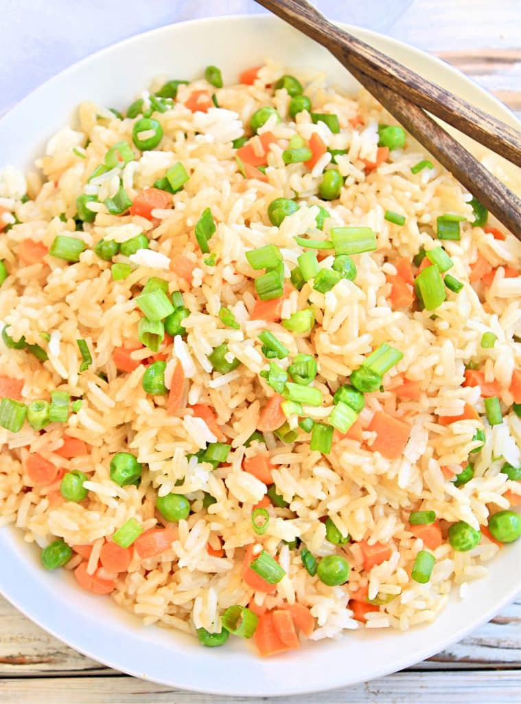 Vegetable Fried Rice ~ No eggs! ~ This savory Hibachi-style fried rice comes together in minutes and at a fraction of the cost of ordering takeout!