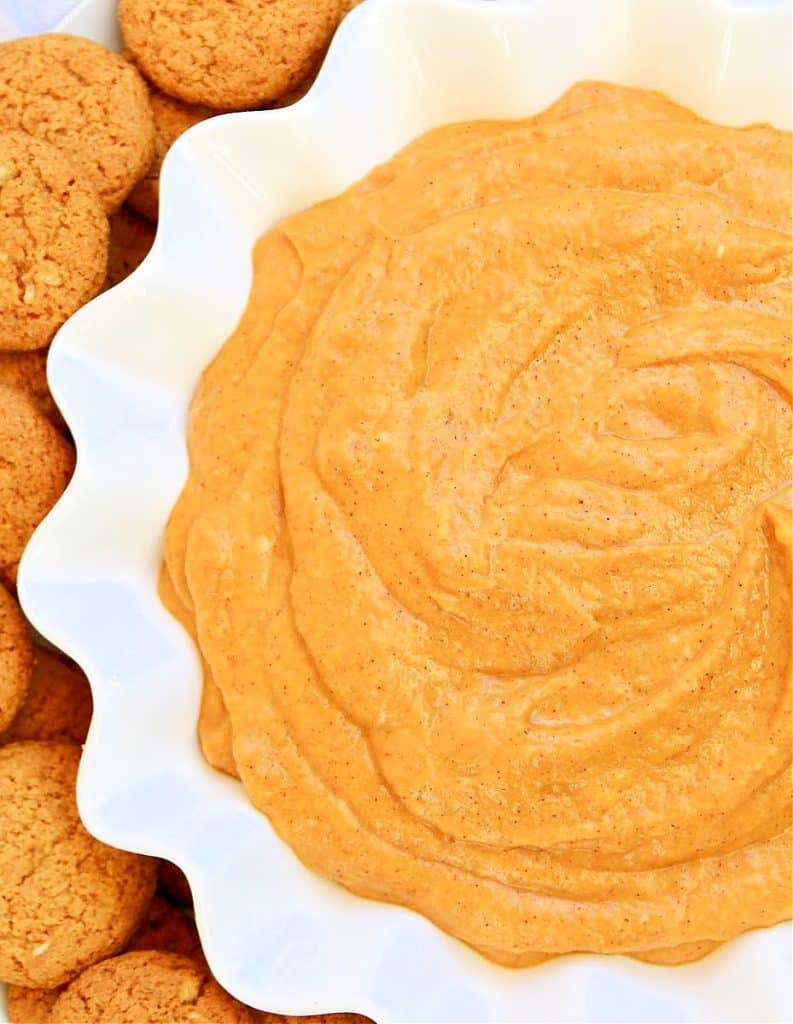 Pumpkin Dip ~ Vegan Recipe ~ All the pumpkin pie flavor you love in an easy and creamy no-bake dip! Perfect for Halloween and Thanksgiving!