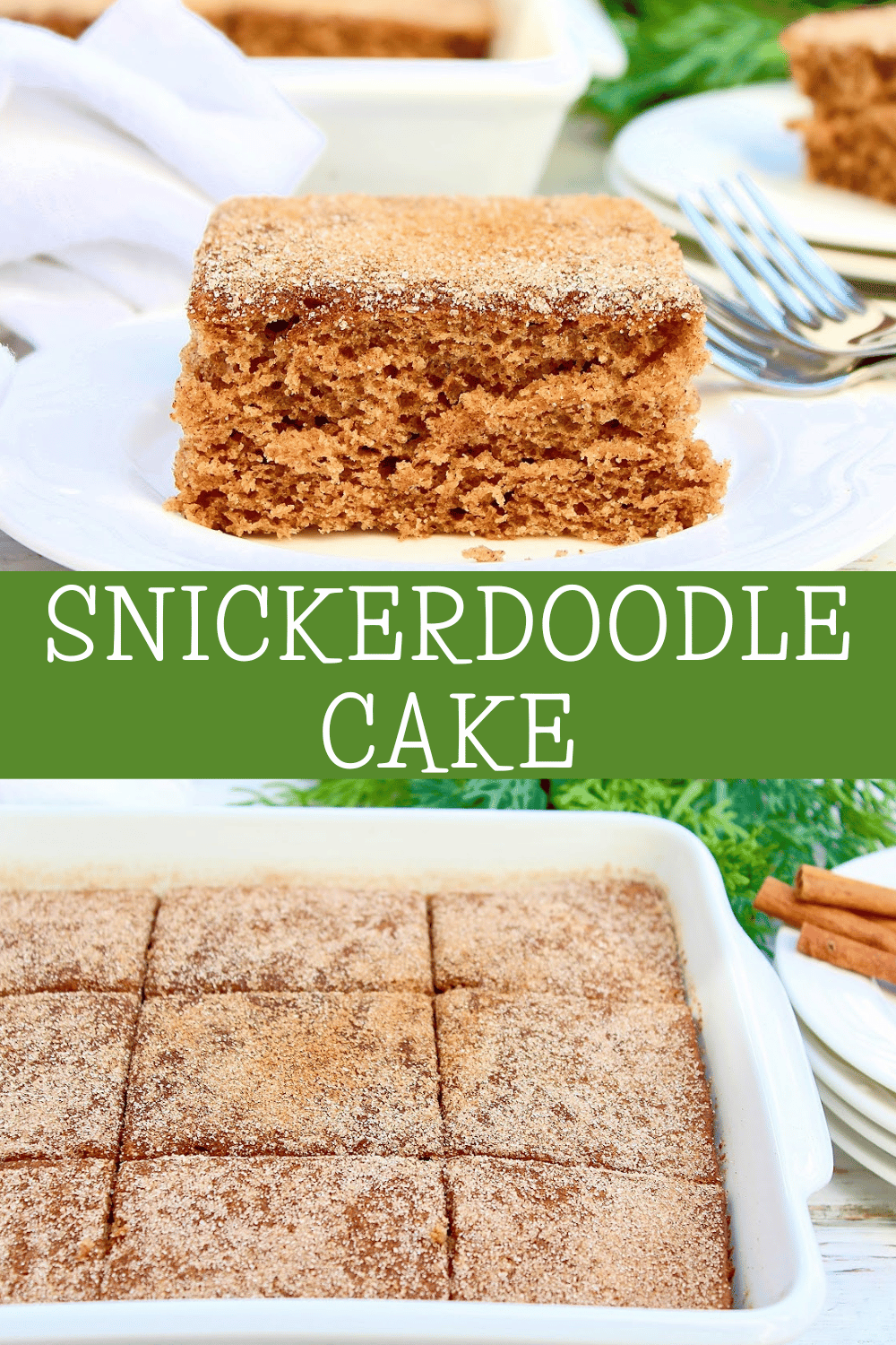 Snickerdoodle Cake ~ All the sweet cinnamon flavor of snickerdoodle cookies in a light and easy cake! Perfect for the holidays! via @thiswifecooks