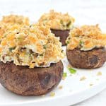 Jalapeno Popper Stuffed Mushrooms ~ Baked mushrooms stuffed with creamy dairy-free cheeses, jalapeno pepper, and buttery breadcrumb topping. Serve as an easy holiday appetizer or game day snack!