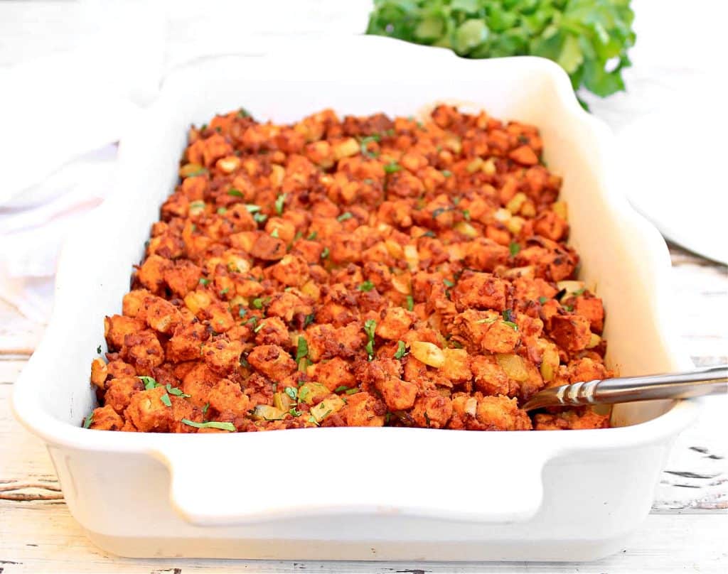 Vegan Chorizo Stuffing ~ Add Mexican flair to your plant-based Thanksgiving feast! This stuffing is smoky, savory, and loaded with bold flavor.