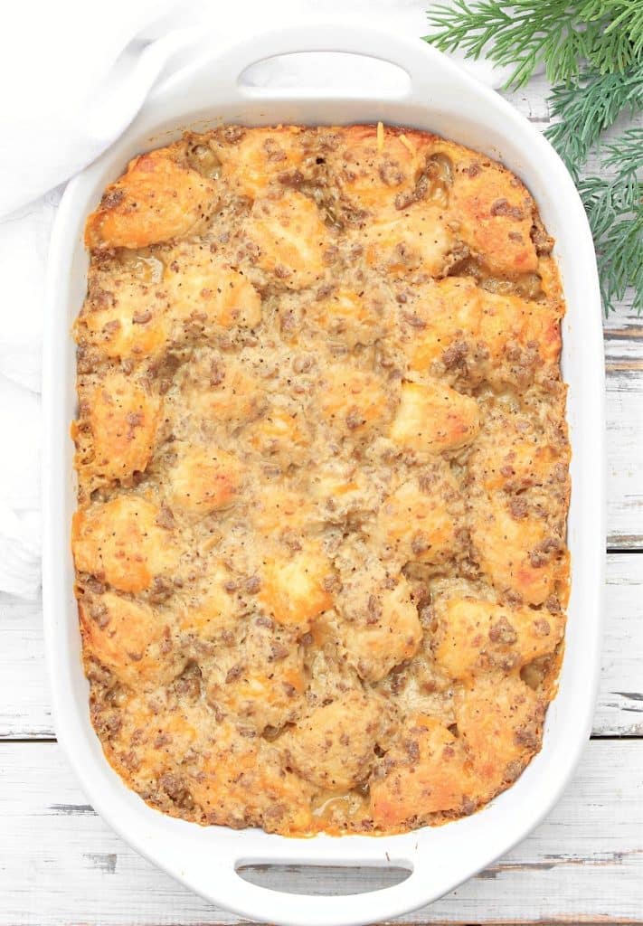 Biscuits and Gravy Casserole ~ This hearty and satisfying all-in-one plant-based breakfast is a sanity saver on Christmas morning!