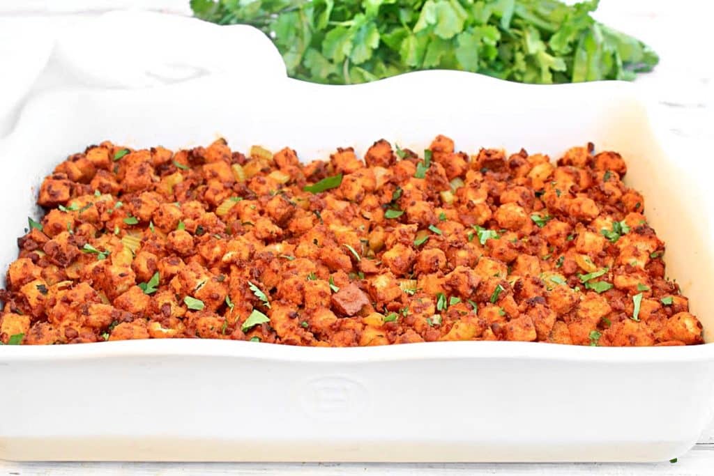Chorizo Stuffing ~ Add Mexican flair to your plant-based Thanksgiving feast! This stuffing is smoky, savory, and loaded with bold flavor.