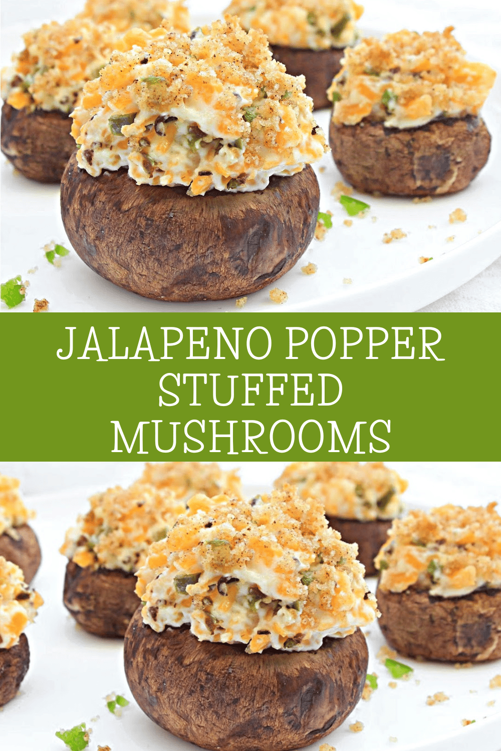 Jalapeno Popper Stuffed Mushrooms ~ Baked mushrooms stuffed with creamy dairy-free cheeses, jalapeno pepper, and buttery breadcrumb topping. Serve as an easy holiday appetizer or game day snack!  via @thiswifecooks