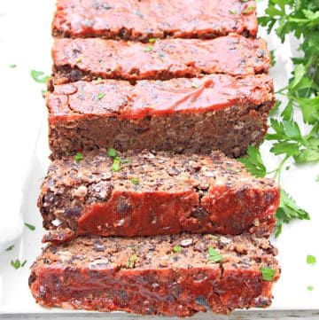 Black Bean Meatloaf ~ Vegan Recipe ~ Old school style meatloaf with protein-packed black beans, quinoa, simple seasonings, and homemade ketchup-based glaze.