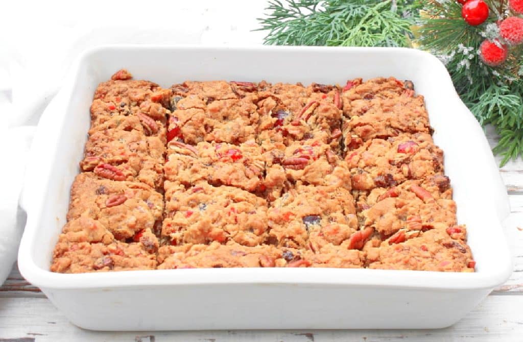 Fruitcake Bars ~ These dairy-free cookie bars are easy to make, lighter than a traditional fruitcake, and filled with holiday flavor! 