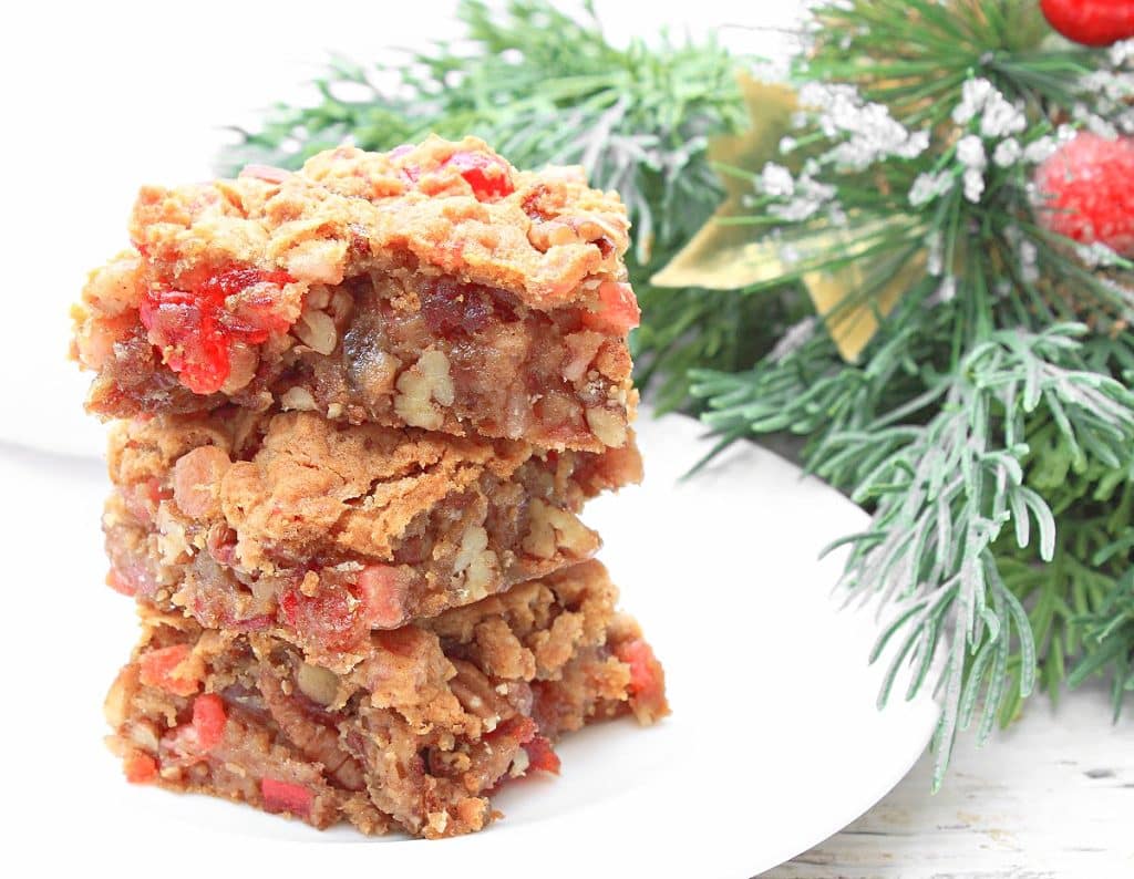 Fruitcake Bars ~ These dairy-free cookie bars are easy to make, lighter than a traditional fruitcake, and filled with holiday flavor!