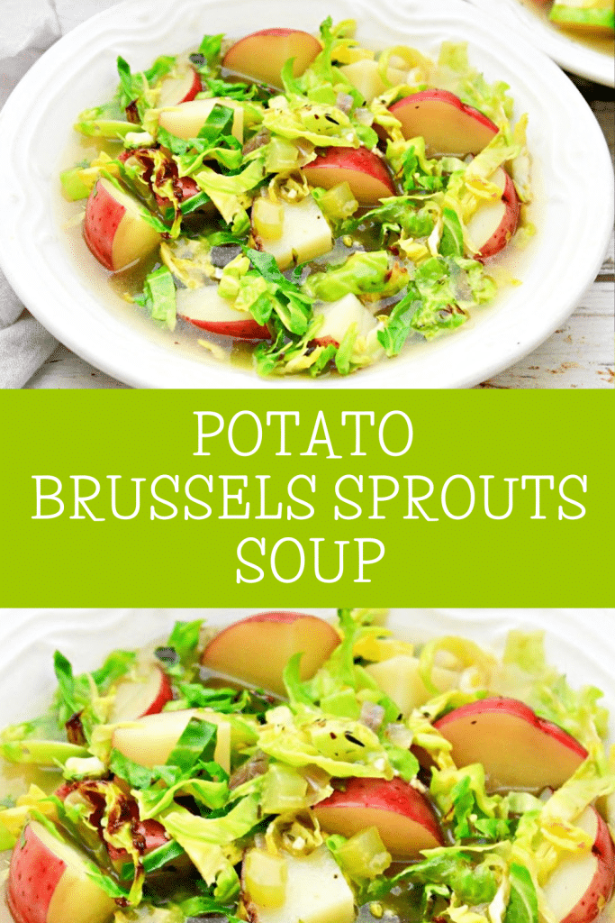 Potato and Brussels Sprouts Soup ~ Chunky red potatoes and shredded Brussels sprouts in a savory, herb-infused broth. Simple and satisfying!