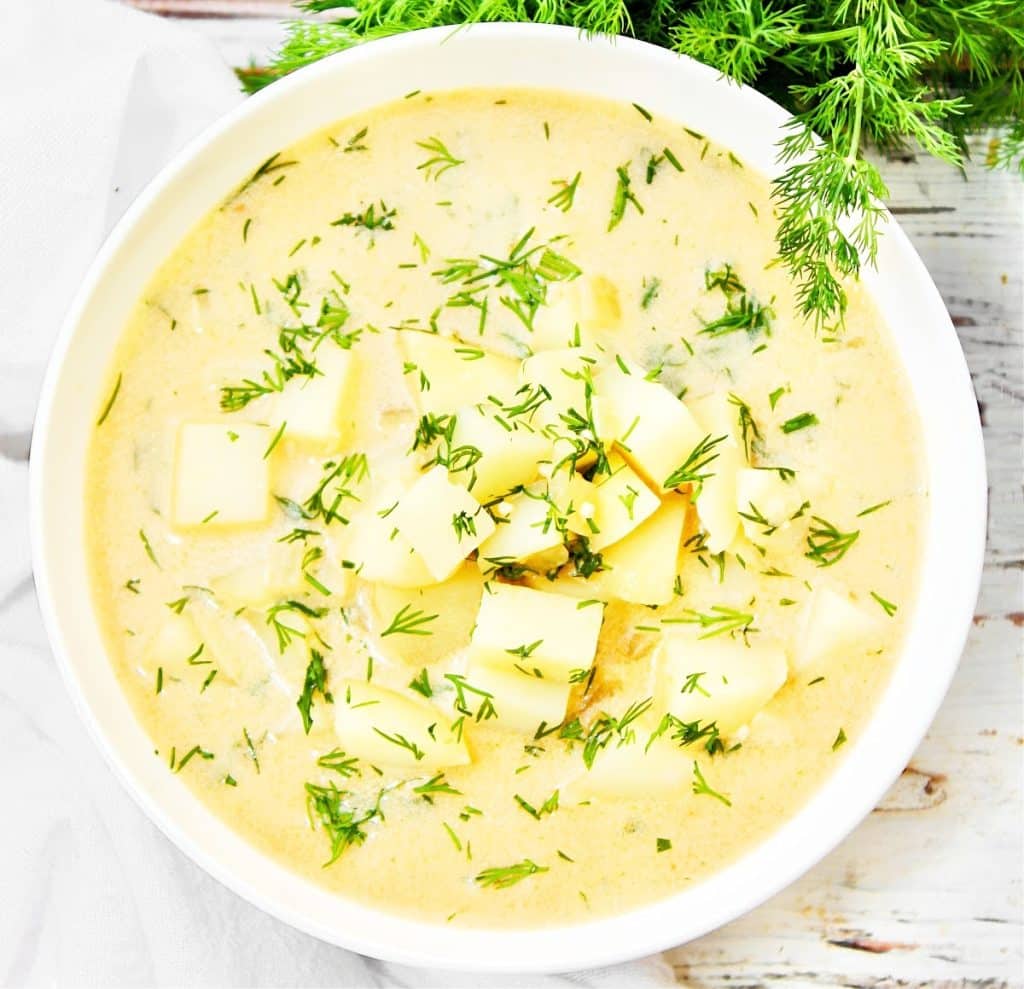 Potato Dill Soup ~ Chunky potato soup infused with the bright and herbaceous flavor of fresh dill. Ready to serve in under 30 minutes!
