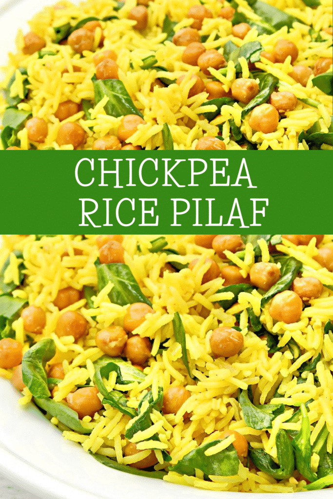 Chickpea Rice Pilaf ~ Easy recipe for savory turmeric-infused rice studded with fresh spinach and roasted chickpeas.