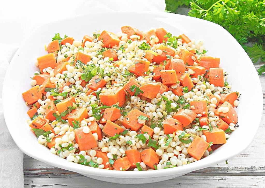 Roasted Carrot Couscous Salad ~ Roasted carrots with pearl couscous and zesty gremolata made with fresh mint, parsley, lemon, and garlic.