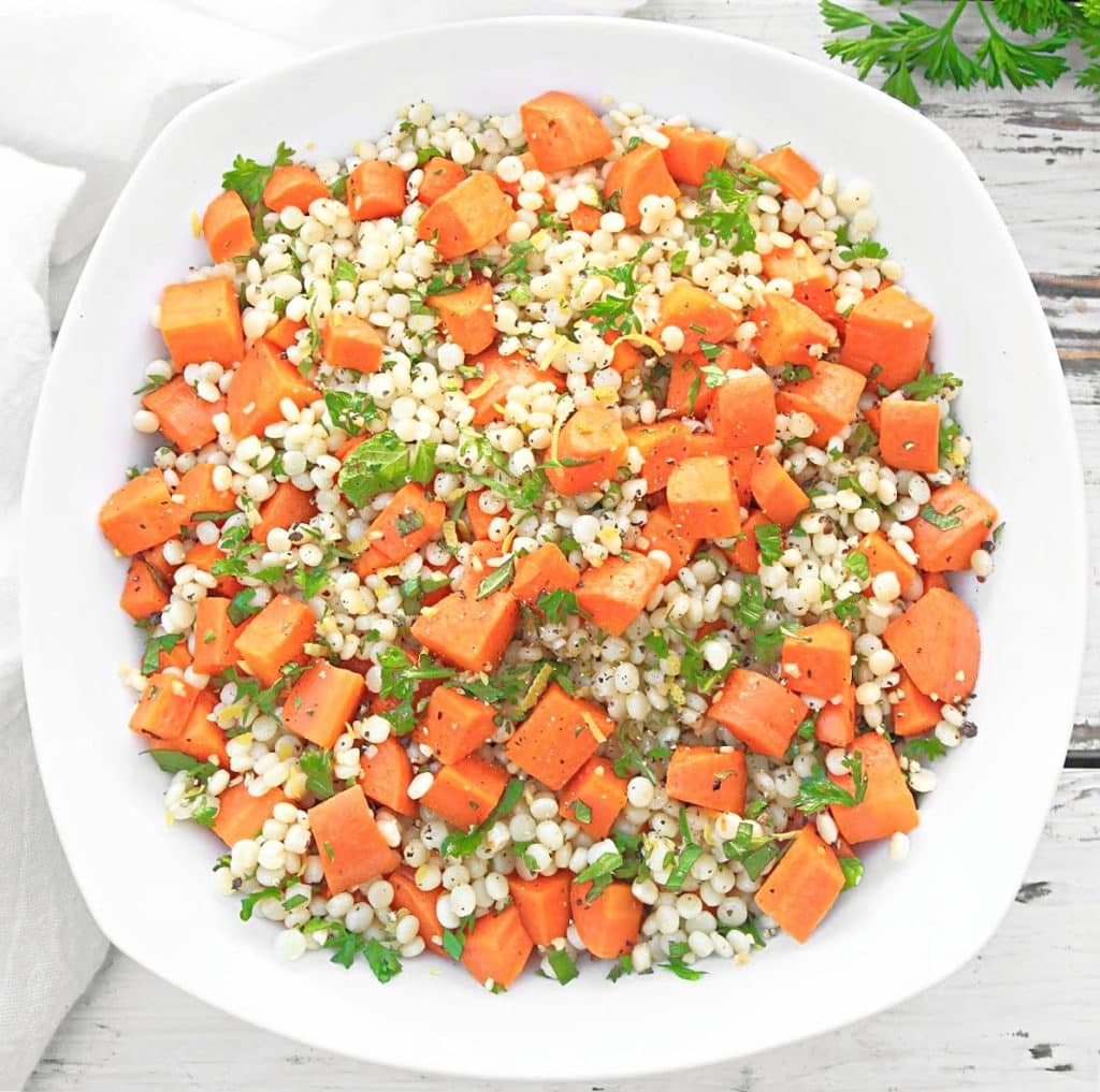 Roasted Carrot Couscous Salad ~ Roasted carrots with pearl couscous and zesty gremolata made with fresh mint, parsley, lemon, and garlic.