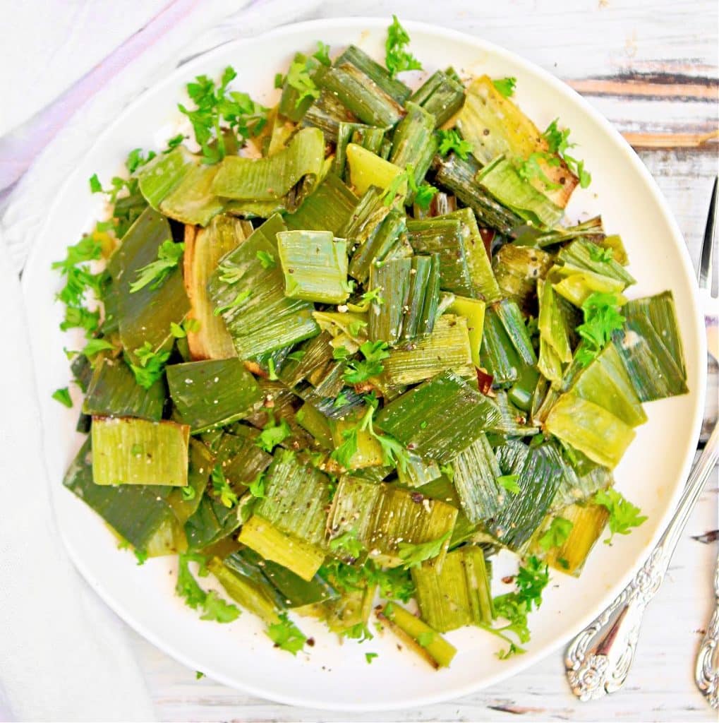 Roasted Leek Greens Salad ~ Simple yet flavorful salad made with fresh leek greens and a tangy 2-ingredient dressing.