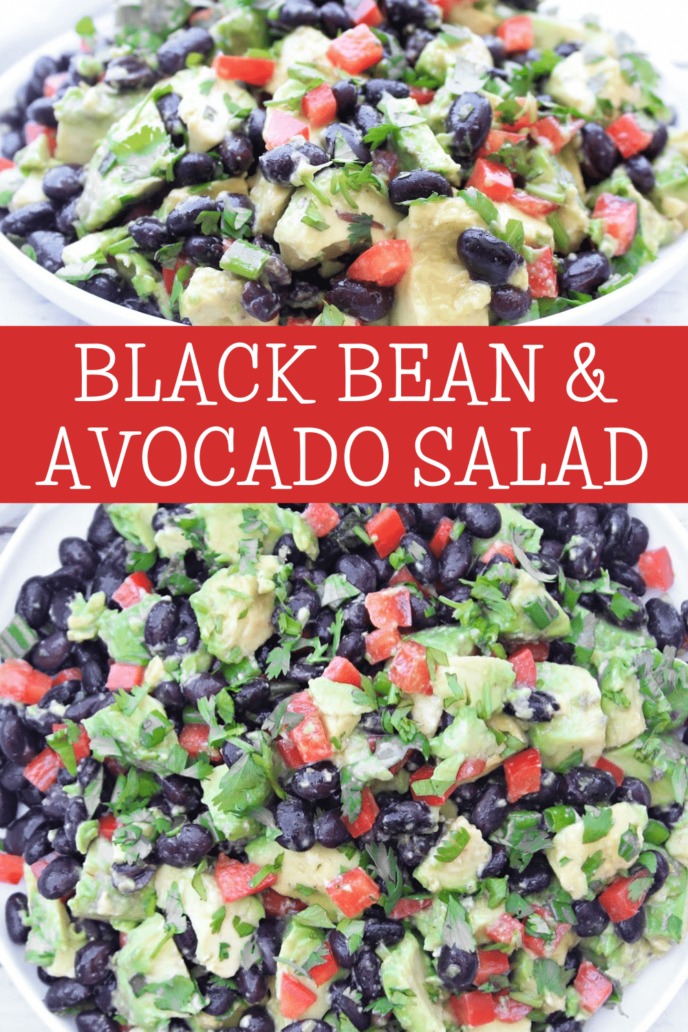 Black Bean Avocado Salad ~ Creamy avocado, protein-packed black beans, crisp peppers, fresh herbs, and tangy lime dressing. This refreshing and healthy salad is easy to make and perfect as a side dish or light lunch! via @thiswifecooks