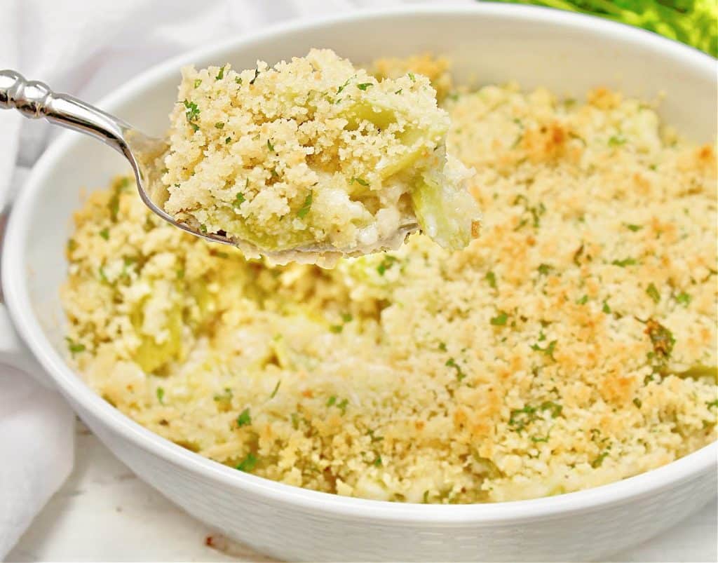 Celery Gratin ~ Fresh celery smothered in a creamy sauce, topped with crispy breadcrumbs, and baked until golden brown and bubbly on top.