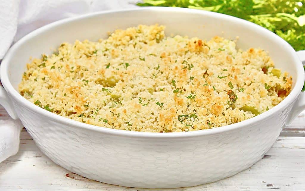 Celery Gratin ~ Fresh celery smothered in a creamy sauce, topped with crispy breadcrumbs, and baked until golden brown and bubbly on top.