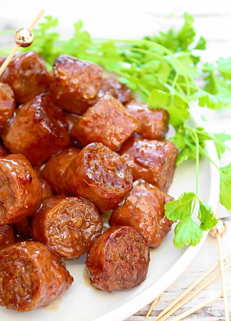Beer Glazed Bratwurst Bites ~ Plant-based bratwurst combined with a lager beer glaze for the perfect balance of sweet and tangy.