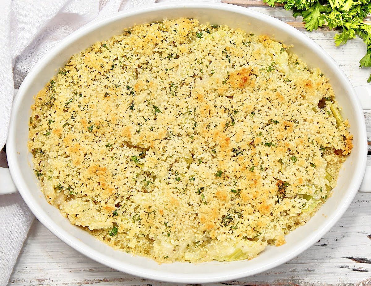 Celery Gratin ~ Fresh celery smothered in a creamy sauce, topped with crispy breadcrumbs, and baked until golden brown and bubbly on top.