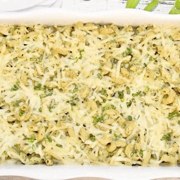 Baked Pesto Pasta ~ Delicious and easy pasta bake perfect for family dinners, potlucks, and meal prep. Only 4 ingredients!
