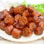Beer Glazed Bratwurst Bites ~ Plant-based bratwurst combined with a lager beer glaze for the perfect balance of sweet and tangy.