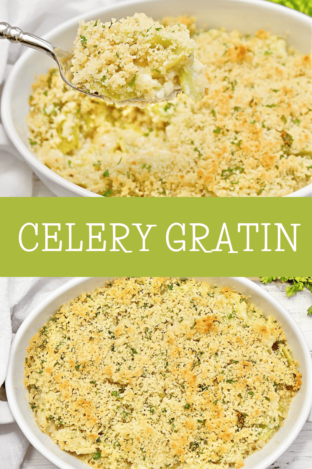 Celery Gratin ~ Fresh celery smothered in a creamy sauce, topped with crispy breadcrumbs, and baked until golden brown and bubbly on top. via @thiswifecooks