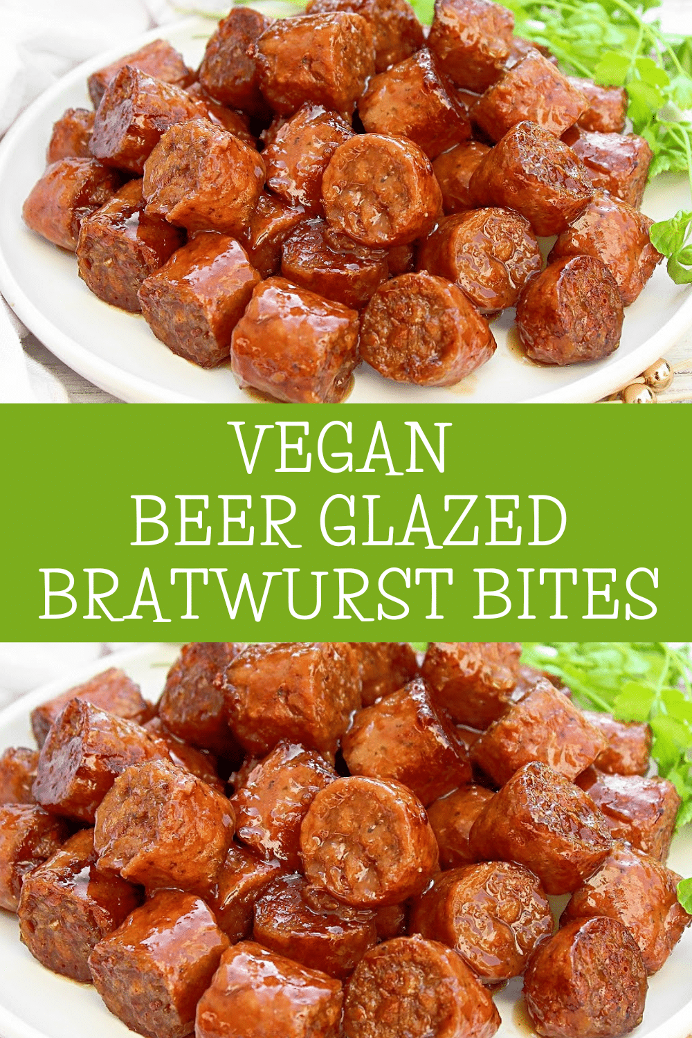 Beer Glazed Bratwurst Bites ~ Plant-based bratwurst combined with a lager beer glaze for the perfect balance of sweet and tangy.  via @thiswifecooks