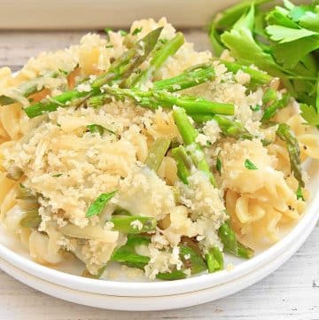 Asparagus Pasta Bake ~ Fresh asparagus spears mixed with al dente pasta, dairy-free cheese, and breadcrumbs, then baked to golden perfection!