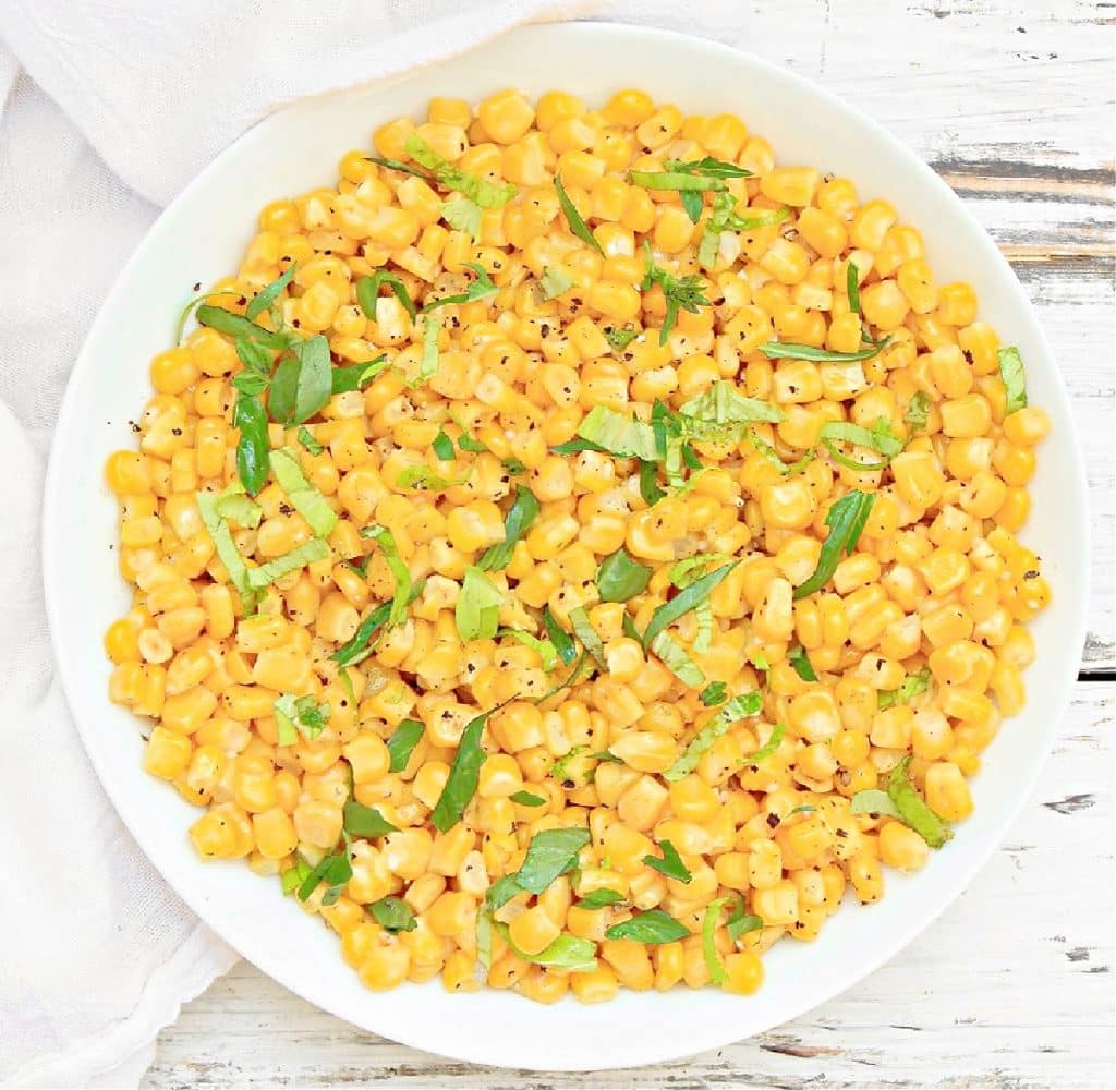 Basil Corn ~ Easy summer side dish made with naturally sweet corn and aromatic fresh basil. Ready to serve in just 10 minutes!