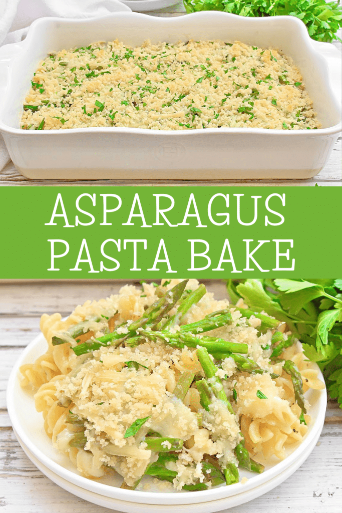 Asparagus Pasta Bake ~ Fresh asparagus spears mixed with al dente pasta, dairy-free cheese, and breadcrumbs, then baked to golden perfection!